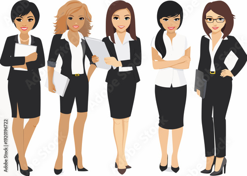 Five professional women in business attire standing in a row