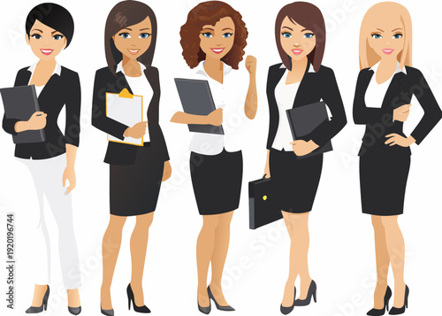 Five diverse businesswomen in professional attire standing in a row