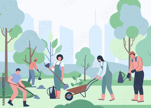 Community volunteers planting trees and gardening in a city park