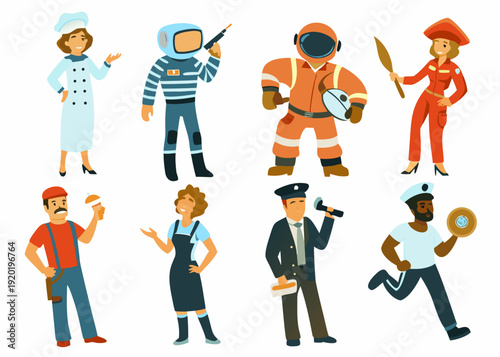 Diverse group of cartoon characters representing various professions and jobs