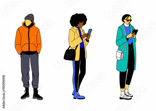 Stylized illustration of three people using their smartphones