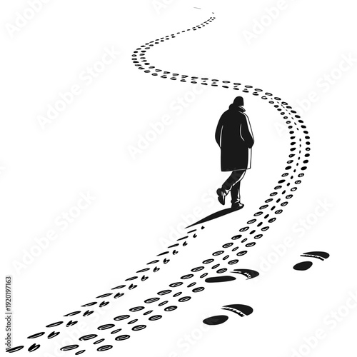 Minimalist silhouette of footprints and trails in the sand, representing a journey or a path forward, clean vector art