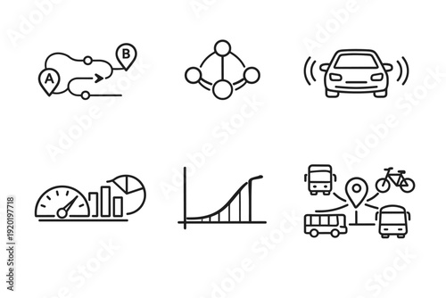 Minimal black line icons illustrating navigation routes, network nodes, autonomous car sensing, performance metrics, growth chart, and multimodal transport map