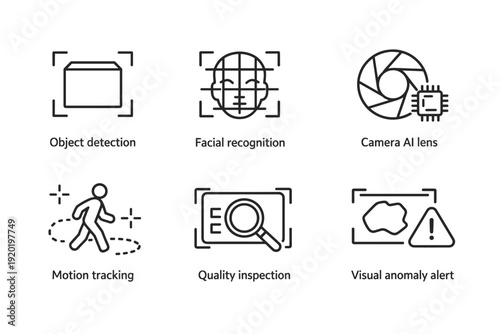 Set of line icons illustrating computer vision features including object detection, facial recognition, camera lens AI, motion tracking, quality inspection, anomaly alerts