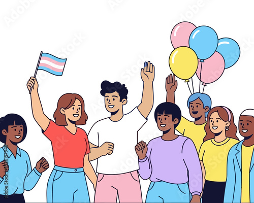 Diverse group of happy people celebrating transgender pride with flag and colorful balloons.