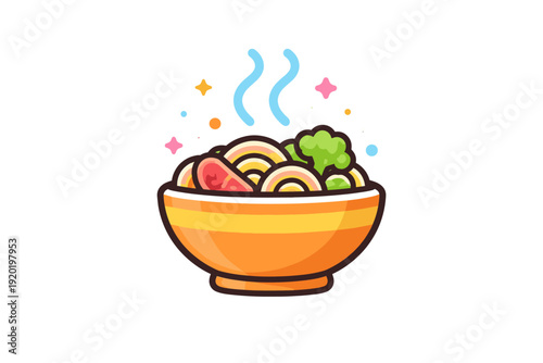 Cute steaming bowl of noodle soup with vegetables and meat in colorful cartoon style, isolated on white background with decorative sparkles