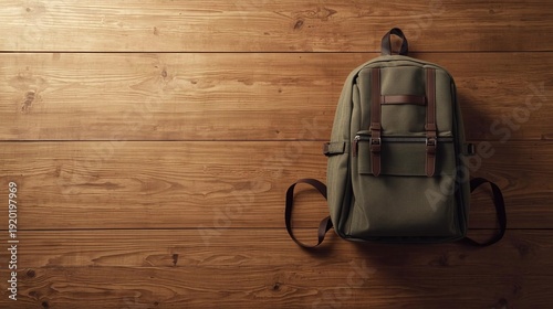 Overhead view of a green textured backpack on a rustic wooden table