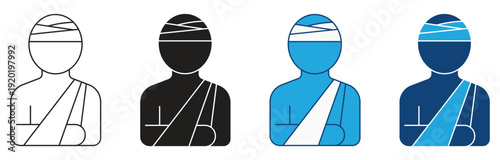 Injured man in bandage icon set.  Injured Person Icon Set. Injured man in bandage, Head and Hand Injury  sign isolated on white background. Vector illustration.