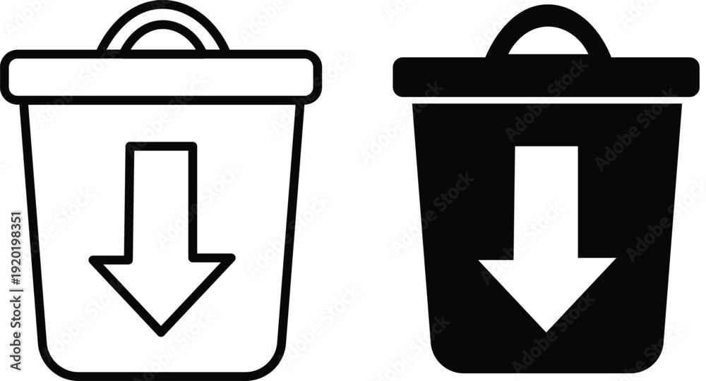 Εκτύπωση καμβά Two distinct icons of a trash bin with a downward arrow, one in outline and one solid black, symbolizing deletion