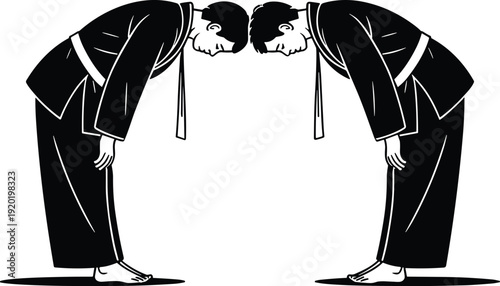 Two martial artists bow respectfully in traditional uniforms, symbolizing discipline, courtesy, mutual respect, and cultural values within martial arts practice.
