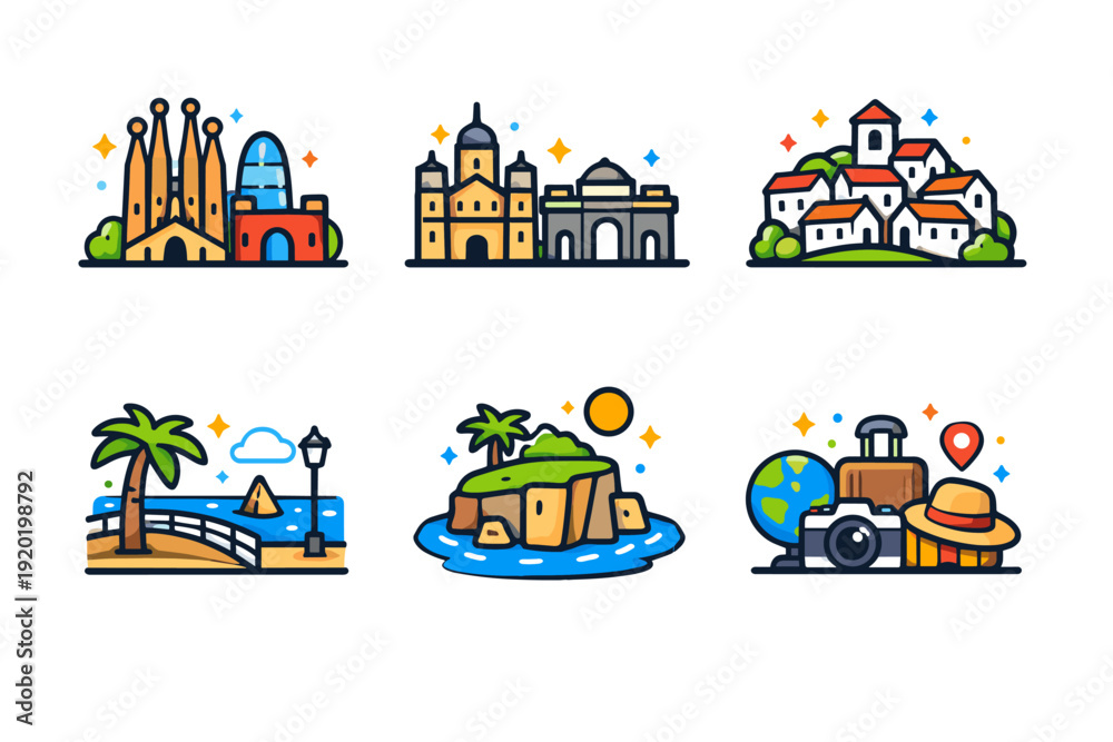 Fototapeta premium Colorful travel landmark icons set featuring cathedral architecture, coastal village, seaside promenade, tropical island, and tourist camera gear