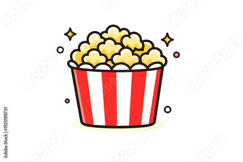 Cute cartoon illustration of a striped popcorn bucket filled with fluffy kernels, outlined in bold lines with sparkles on a clean white background