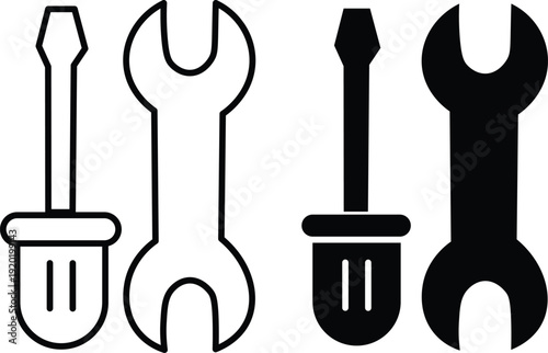 Outline and solid fill icons of a screwdriver and a wrench, representing essential tools for repair and maintenance.