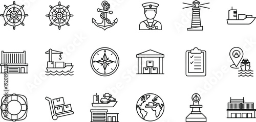 Maritime logistics icon set with cargo ship anchor lighthouse compass and sailor for global shipping and nautical transport