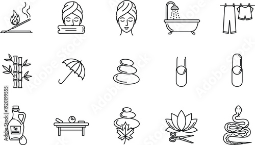 Wellness and spa icon set with incense beauty treatment massage stones bamboo and lotus for skincare vector illustration