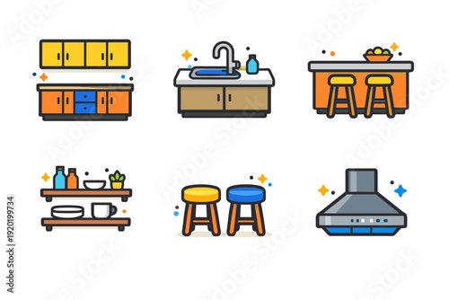 Colorful kitchen furniture and appliance icon set featuring cabinets, sink, island with stools, shelves, chairs, and range hood in flat style