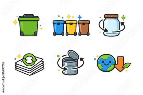 Recycling and waste sorting icons set featuring trash bins, reusable jar, paper stack, metal can, and globe with down arrow for sustainability