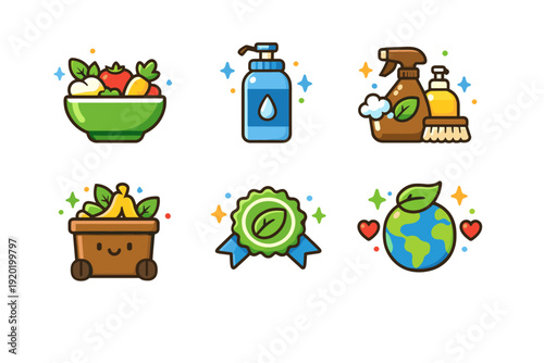 Eco-friendly lifestyle icons set featuring fresh produce, liquid soap dispenser, natural cleaning supplies, compost bin, green badge, and Earth care