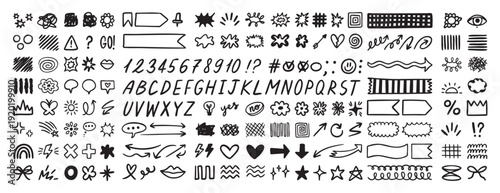 Scribble doodle elements set, paint underline children marker scratch, vector pen squiggle kit collection. Kids hand drawn abstract sketch, alphabet, texture, icons, heart.