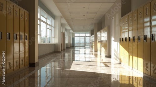 Empty school hallway with yellow lockers receiving warm sunlight, creating a nostalgic atmosphere