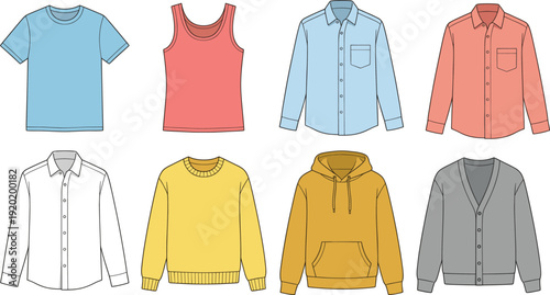 Men basic clothing collection vector set, casual t shirts tank tops shirts sweaters hoodie cardigan illustration, minimalist modern wardrobe essentials isolated on white background