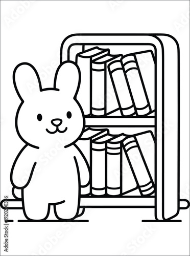 Cute Bunny with Bookshelf Coloring Page