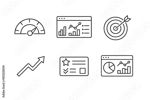 Minimal line icons showing analytics dashboard, performance gauge, growth trend, data reports, and target goal for business metrics and optimization