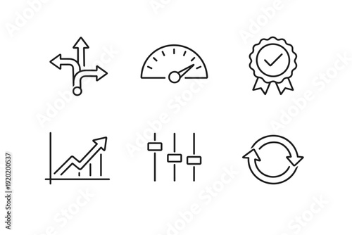 Set of minimal line icons showing direction choices, speedometer gauge, approval badge, rising chart, adjustment sliders, and circular refresh arrows