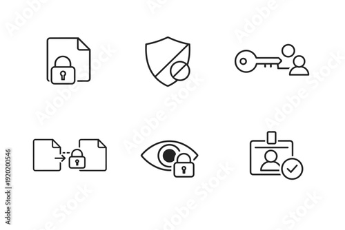 Minimal black line icons illustrating cybersecurity concepts with locked document, shield, key access, protected files, secure viewing, and verified identity badge