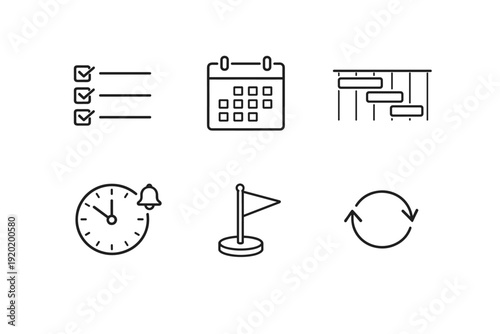 Minimal line icons set showing checklist, calendar, timeline chart, clock alarm, goal flag marker, and circular refresh arrows for planning and workflow