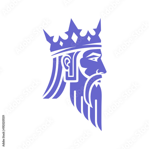 Blue silhouette of a regal king with a crown and long beard.
