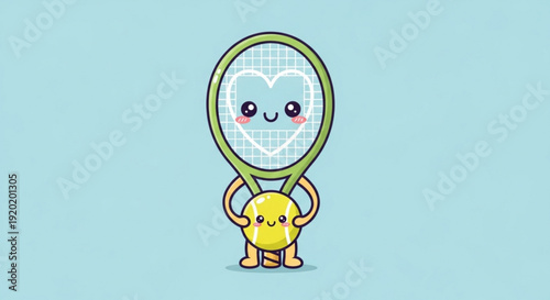 Tennis Racket and Ball Cartoon Character on Blue Background