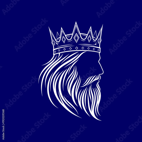 Illustration of a regal king with a crown and long flowing hair.