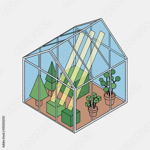 Isometric Greenhouse with Plants and Solar Panels.