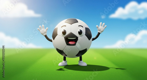 Smiling Cartoon Soccer Ball Character on Green Grass Field with Blue Sky