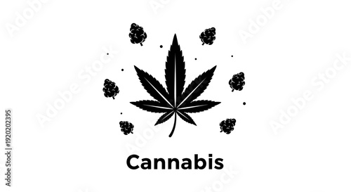 Cannabis leaf and marijuana buds icon set, herbal medicine and botanical hemp concept.