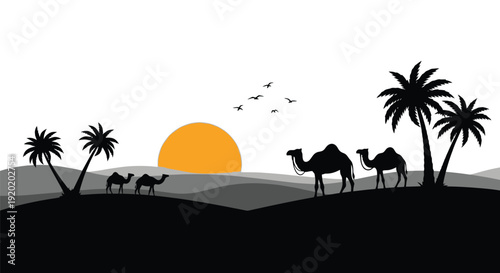Desert landscape with camels and palm trees silhouetted against a sunset