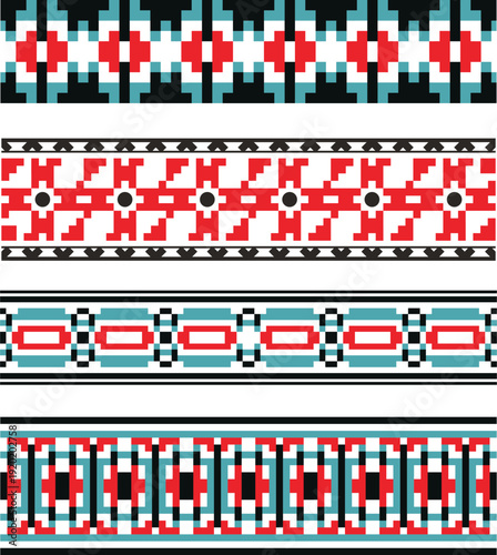 Traditional Slavic, Bulgarian decorative embroidery borders seamless vector series. Ornamental motifs for folklore costume, clothing, textile, damask, knitting, sewing. Cultural heritage. Pixel art.