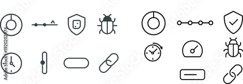 A variety of minimalist design icons are displayed, showcasing symbols for different functions, such as a clock, a shield, and links.