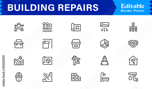 Building Repairs Professional Line Icon Set – Modern Minimal Outline Collection of Tools, Construction, Maintenance, Renovation, Equipment, Fixing, and Utility Symbols