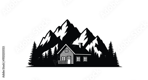 Minimalist black and white illustration of a cabin nestled by mountains