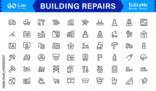 Building Repairs Professional Line Icon Set – Modern Minimal Outline Collection of Tools, Construction, Maintenance, Renovation, Equipment, Fixing, and Utility Symbols