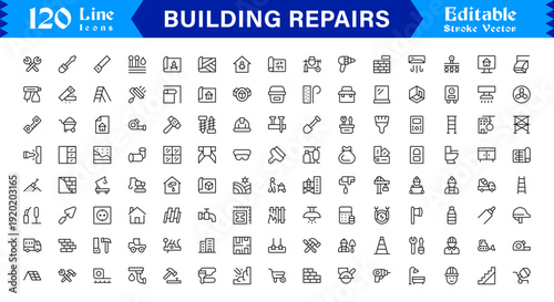 Building Repairs Professional Line Icon Set – Modern Minimal Outline Collection of Tools, Construction, Maintenance, Renovation, Equipment, Fixing, and Utility Symbols