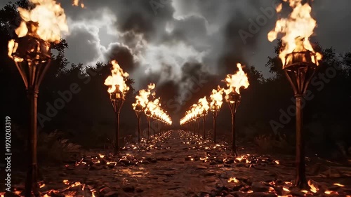 Mysterious Path Lined with Torches Illuminated by Flickering Flames Under a Stormy, Dark Sky