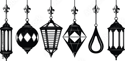 Set of decorative hanging lantern silhouettes with diverse geometric patterns and fleur de lis accents for festive celebration home decor and traditional lighting design projects