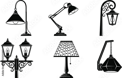 Set of diverse lighting silhouettes including vintage street lamps adjustable desk lamps decorative table lamps and modern wall mounted light fixtures for home interior design