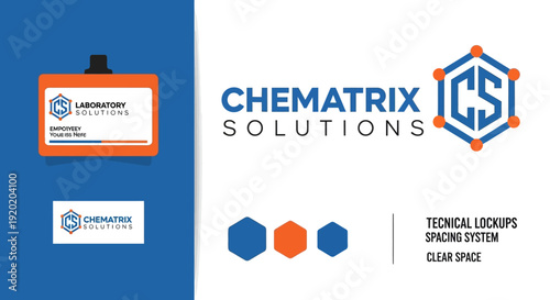 Chematrix Solutions and Laboratory Systems Branding Logos with Hexagon, Flask, and ID Badge on Isolated White Background