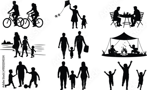 Black and white silhouettes of happy families enjoying outdoor leisure activities like cycling, camping, flying kites, and playing soccer together.