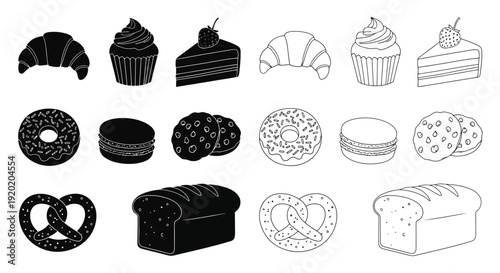 Black and white illustration of assorted baked goods and pastries