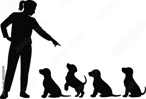 Dog training silhouette vector illustration, person with puppies, obedience concept, black graphic, animal artwork, pet care design, educational icon
